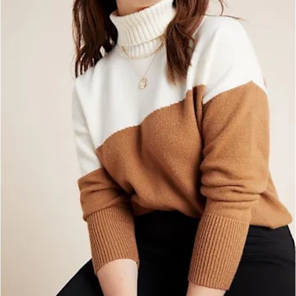 Anthropologie Sweater Turtleneck Colorblock White Brown Knit Leanna size 1X - Picture 1 of 11